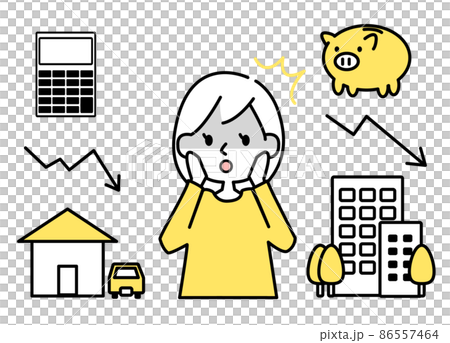 一個因資產價值下降而震驚的女人的插圖集 矢量素材 擁有的房子 汽車擁有的建築物 秋天 86557464