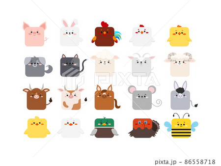 Square farm animal faces cute icon set isolated on white background. Square farm animal faces cute icon set isolated on white background. 86558718