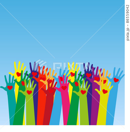 Raised human hands with red hearts. Concept of charity, volunteerism and donation. Children's hands hold heart symbols. Purity and sacrifice are given through their love for poor people Raised human hands with red hearts. Concept of charity, volunteerism and donation. Children's hands hold heart symbols. Purity and sacrifice are given through their love for poor people 86559042