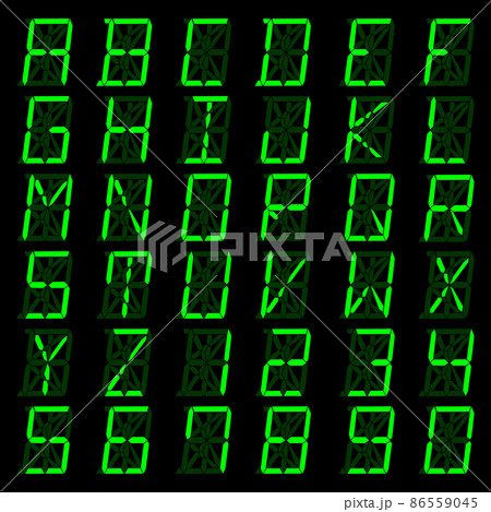 Green digital font, letters and numbers. English alphabet in digital screen. Concept LED board for billboards, watches, sports matches and advertising. Vector 86559045