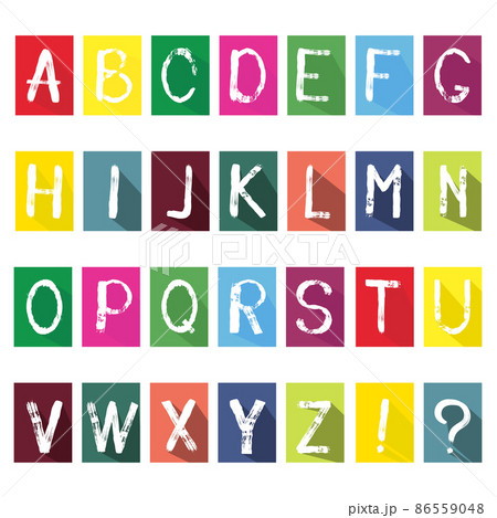Flat multicolored sketch lettering design, alphabet icons with long shadow, concept background. Isolated on white background. Flat style. Vector 86559048