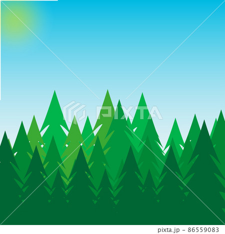 Background of pine forest, nature, landscape blue sky and sun. Abstract silhouettes of green forest trees, natural landscape with evergreen coniferous trees. Morning forest scene. Vector 86559083