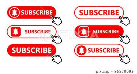 Social media subscription button. Subscribe to the video channel, blog and newsletter. Red button with hand cursor for subscription. Flat style. Vector 86559093