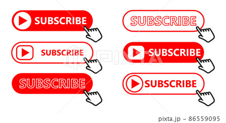 Social media subscription button. Subscribe to the video channel, blog and newsletter. Red button with hand cursor for subscription. Flat style. Vector 86559095