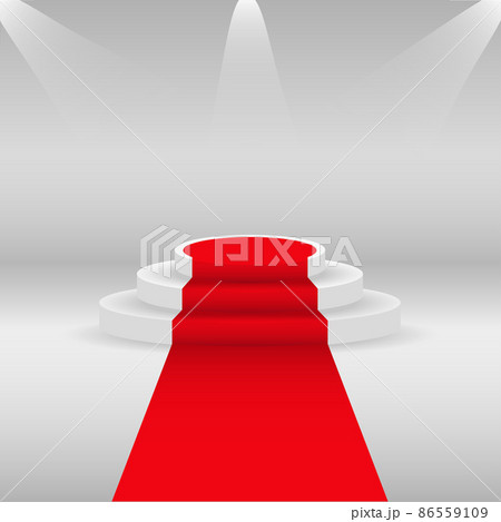 Red carpet and podium. White round pedestal with letter, accented in tone. Stage podium with lighting, scenario of the awards ceremony. Vector 86559109