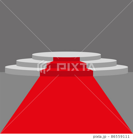 Red carpet and podium. White round pedestal with red track. Stage podium with lighting, scenario of the awards ceremony. Vector 86559111