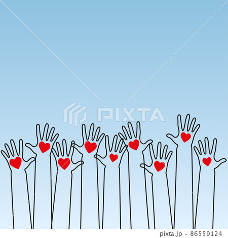 Raised human hands with red hearts. Concept of charity, volunteerism and donation. Children's hands hold heart symbols. Purity and sacrifice are given through their love for poor people Raised human hands with red hearts. Concept of charity, volunteerism and donation. Children's hands hold heart symbols. Purity and sacrifice are given through their love for poor people 86559124
