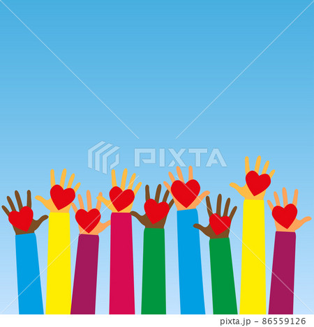Raised human hands with red hearts. Concept of charity, volunteerism and donation. Children's hands hold heart symbols. Purity and sacrifice are given through their love for poor people Raised human hands with red hearts. Concept of charity, volunteerism and donation. Children's hands hold heart symbols. Purity and sacrifice are given through their love for poor people 86559126