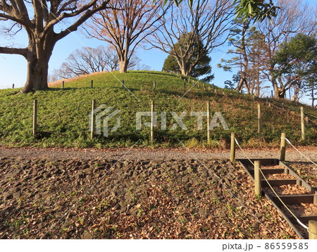 等々力渓谷近くにある野毛大塚古墳を道路側から見る 等々力渓谷近くにある野毛大塚古墳を道路側から見る 86559585