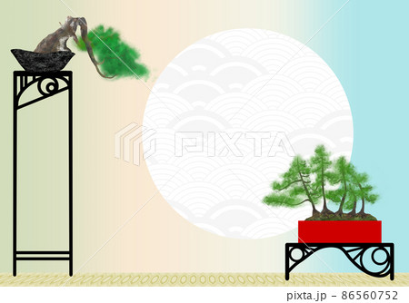 黒松懸崖と蝦夷松寄せ植え盆栽アール・デコ調飾り台と青海波の丸窓青緑系グラデーション背景イラスト 86560752