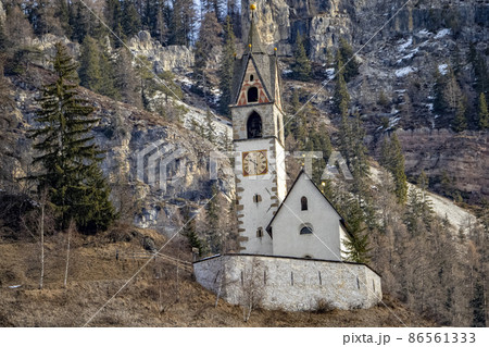 La valle La val  dolomites mountain church at sunset view landscape panorama 86561333