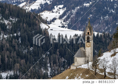 La valle La val  dolomites mountain church at sunset view landscape panorama 86561337