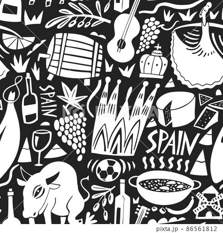 Vector hand drawn Spain landmarks seamless pattern. Travel illustrations of Spain Kingdom symbols. Hand drawn lettering. Europe icons background 86561812