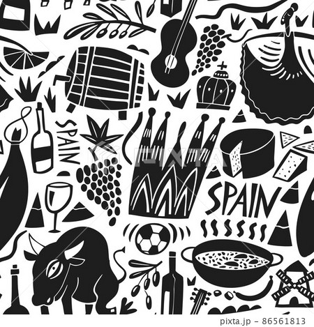 Vector hand drawn Spain landmarks seamless pattern. Travel illustrations of Spain Kingdom symbols. Hand drawn lettering. Europe icons background 86561813