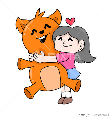 girl hugging a giant cat doll, doodle icon image kawaii 86562081