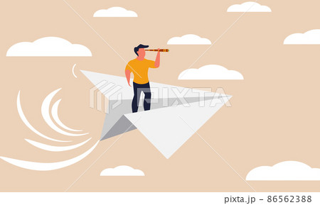 Future leader on paper plane with telescope and business opportunity. Finance discovery or curiosity vector illustration concept. Smart innovation direction and inspiration way flying on airplane 86562388