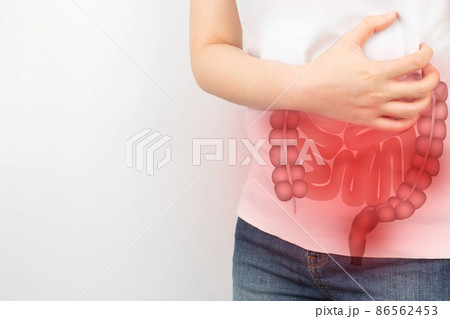 Woman suffering from abdominal pain with small and large intestines organ shape. Digestive tract problems include colitis, IBS or colon cancer. Colorectal disease awareness concept. 86562453
