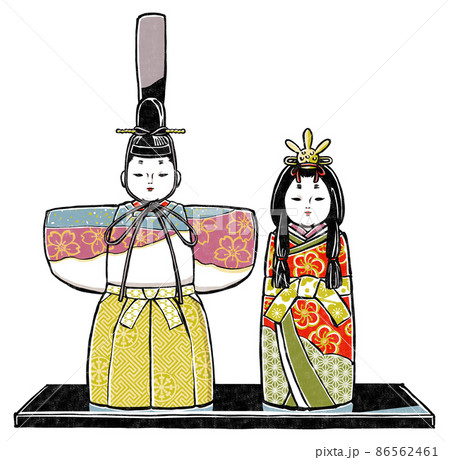 黒塗台に飾った木目込みの立ち雛人形　版画風 86562461