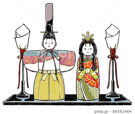 黒塗台に飾った木目込みの立ち雛人形と一対の油灯　版画風 86562464