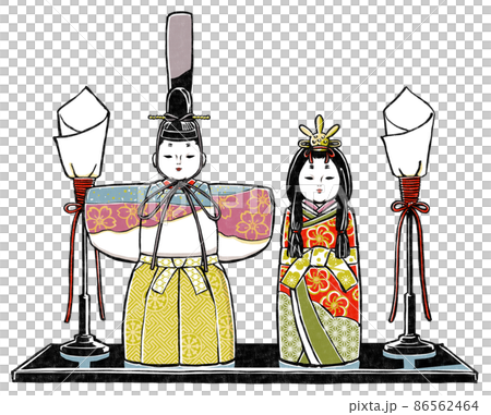 黒塗台に飾った木目込みの立ち雛人形と一対の油灯　版画風 86562464