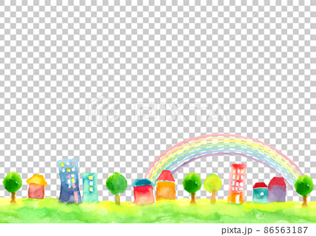 水彩で描いた虹と町並みの風景イラスト 86563187