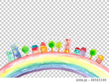 水彩で描いた虹の上の町並みのイラスト 86563190