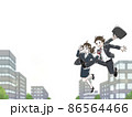 オフィス街でジャンプをしているスーツ姿の男性と女性 86564466
