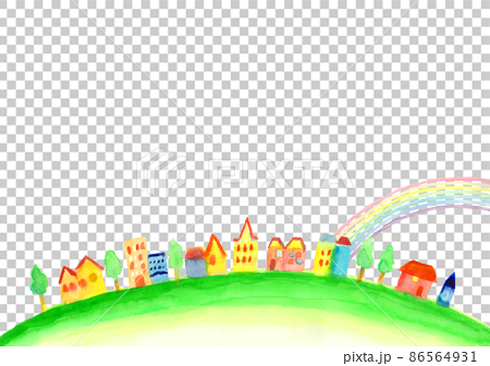 水彩で描いた虹と町並みのイラスト 86564931