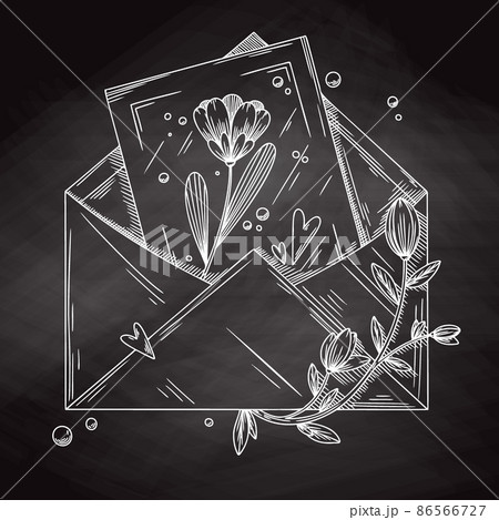 Envelope with postcard, flowers and hearts. Holiday package. Vector illustration 86566727