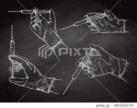 Doctor or scientist hands in latex gloves. Hands in sterile gloves holding syringe. Vector illustration 86566735
