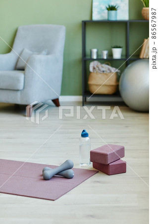 Part of living-room in modern flat or house with sports gear on the floor Part of living-room in modern flat or house with sports gear on the floor 86567987