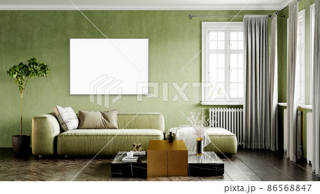 Modern interior of a room with an empty painting. Sofa and large window, wooden floor and wall. Clean lines of interior design. 3D rendering Modern interior of a room with an empty painting. Sofa and large window, wooden floor and wall. Clean lines of interior design. 3D rendering 86568847