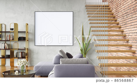 Modern beautiful interior room with a white painting. Clean and lightweight design with wooden floors and light walls. 3d rendering 86568867