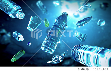 Plastic bottles float underwater in the ocean and pollute the sea - 3d illustration Plastic bottles float underwater in the ocean and pollute the sea - 3d illustration 86570183