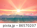 Asian landscape with sunset rays drawing, mountains and blue green lake or sea water with sunlight, water reflections in vector. Outdoor nature illustration. 86570207