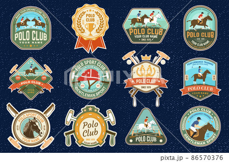 Polo sport club and horse riding patches, emblems, logos. Vector illustration. Color equestrian label, sticker with rider and horse silhouettes. Polo club competition riding sport. Polo sport club and horse riding patches, emblems, logos. Vector illustration. Color equestrian label, sticker with rider and horse silhouettes. Polo club competition riding sport. 86570376