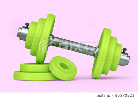 Metal dumbbell with green disks isolated on pink background. 3d rendering of sport equipment for fitness and powerlifting Metal dumbbell with green disks isolated on pink background. 3d rendering of sport equipment for fitness and powerlifting 86570923
