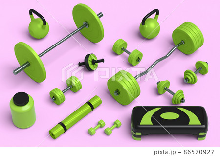 Isometric view of sport equipment like yoga mat, kettlebell, dumbbell and smart watches on pink background. 3d render of power lifting and fitness concept Isometric view of sport equipment like yoga mat, kettlebell, dumbbell and smart watches on pink background. 3d render of power lifting and fitness concept 86570927