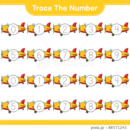 Trace the number. Tracing number with Plane. Educational children game, printable worksheet, vector illustration Trace the number. Tracing number with Plane. Educational children game, printable worksheet, vector illustration 86571243