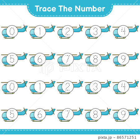 Trace the number. Tracing number with Helicopter. Educational children game, printable worksheet, vector illustration Trace the number. Tracing number with Helicopter. Educational children game, printable worksheet, vector illustration 86571251