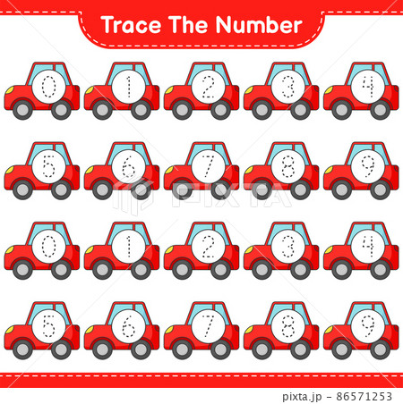 Trace the number. Tracing number with Car. Educational children game, printable worksheet, vector illustration Trace the number. Tracing number with Car. Educational children game, printable worksheet, vector illustration 86571253
