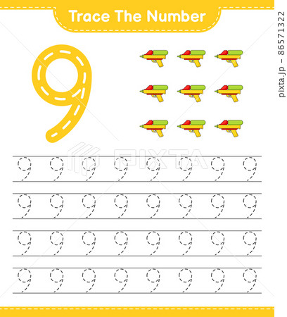 Trace the number. Tracing number with Water Gun. Educational children game, printable worksheet, vector illustration 86571322