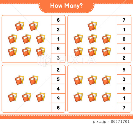 Counting game, how many Book. Educational children game, printable worksheet, vector illustration 86571701