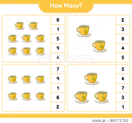 Counting game, how many Tea Cup. Educational children game, printable worksheet, vector illustration 86571702