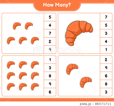 Counting game, how many Croissant. Educational children game, printable worksheet, vector illustration Counting game, how many Croissant. Educational children game, printable worksheet, vector illustration 86571711