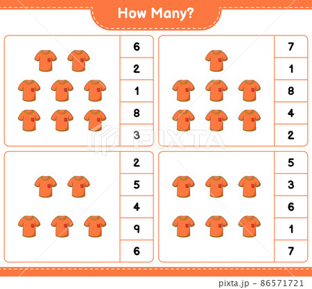 Counting game, how many Tshirt. Educational children game, printable worksheet, vector illustration Counting game, how many Tshirt. Educational children game, printable worksheet, vector illustration 86571721