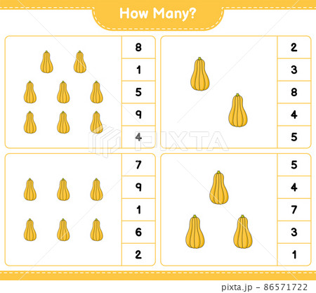 Counting game, how many Butternut Squash. Educational children game, printable worksheet, vector illustration 86571722