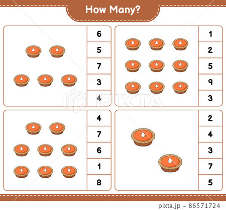 Counting game, how many Pie. Educational children game, printable worksheet, vector illustration Counting game, how many Pie. Educational children game, printable worksheet, vector illustration 86571724