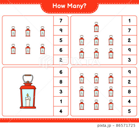 Counting game, how many Lantern. Educational children game, printable worksheet, vector illustration Counting game, how many Lantern. Educational children game, printable worksheet, vector illustration 86571725