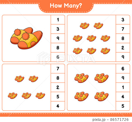 Counting game, how many Slippers. Educational children game, printable worksheet, vector illustration 86571726